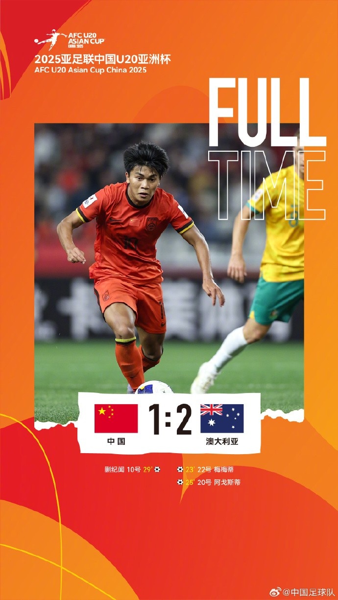  U20亞洲杯小組賽A組第三輪，中國隊1比2負(fù)于澳大利亞隊