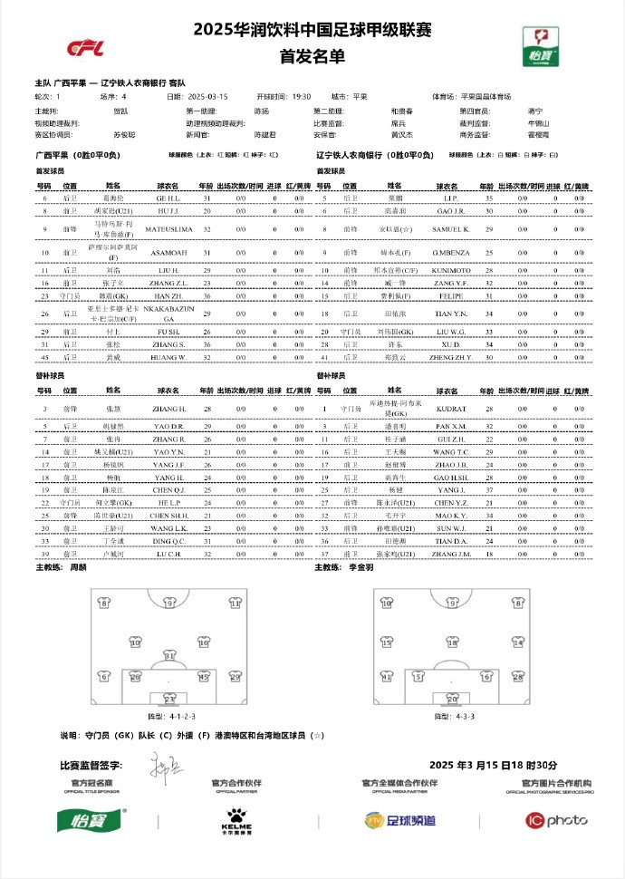  中甲-廣西平果vs遼寧鐵人首發(fā)：三外援對(duì)決三外援，安以恩出戰(zhàn)