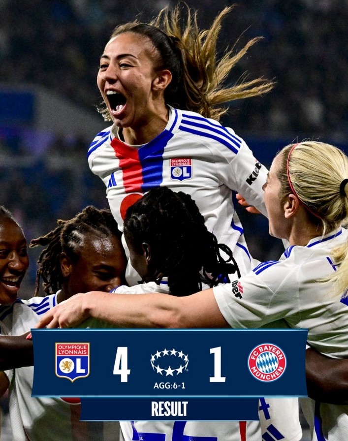  里昂女足4-1大勝拜仁女足，總比分6-1晉級(jí)女足歐冠半決賽
