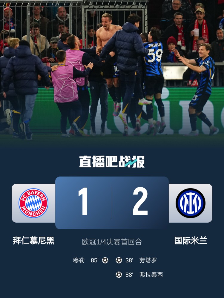  2-1占得先機(jī)！國米送給拜仁4年來歐冠主場首敗